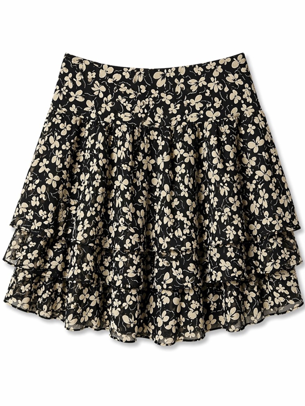 Ralph Lauren Rugby Floral Silk Tiered Mini Skirt Black Cream Size 0